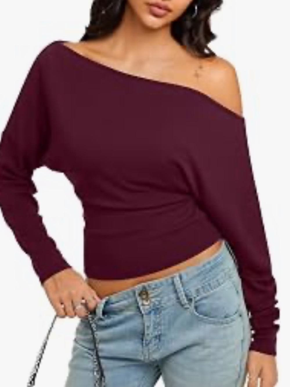 Women's Off-Shoulder Long Sleeve Top - Burgundy